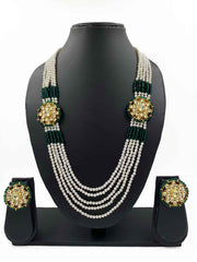 Designer Multi Layered Long Side Kundan Brooch And Pearl Necklace For Women - Wedding And Festive Wear Beads Jewelry