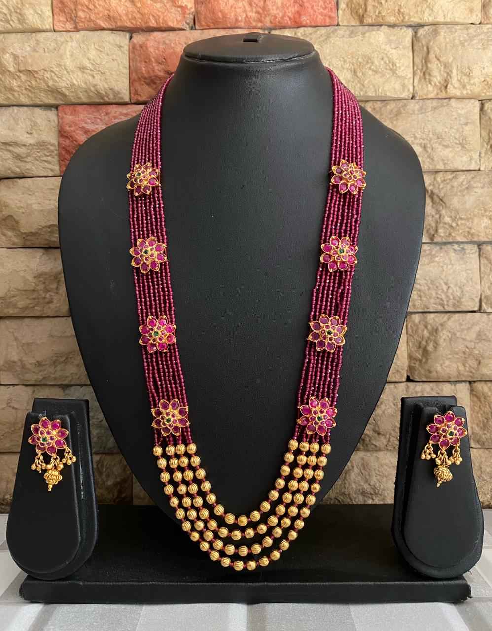 Designer Multi Layered Pink Semi Precious Beaded Necklace Set With Brooches By Gehna Shop