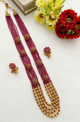 Designer Multi Layered Pink Semi Precious Beaded Necklace Set With Brooches By Gehna Shop