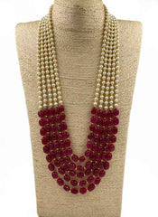 Unisex Multilayered Long Pearls And Red Gemstone Beaded Necklace - Perfect For Sherwani And Sarees