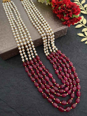 Unisex Multilayered Long Pearls And Red Gemstone Beaded Necklace - Perfect For Sherwani And Sarees