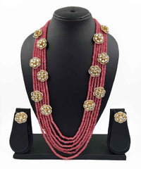 Designer Multilayered Semi Precious Peach Pink Color Jade Beaded Necklace Set With Kundan Brooches