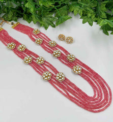 Designer Multilayered Semi Precious Peach Pink Color Jade Beaded Necklace Set With Kundan Brooches