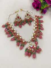 Designer Pastel Pink Jadau Kundan Collar Necklace Set For Ladies