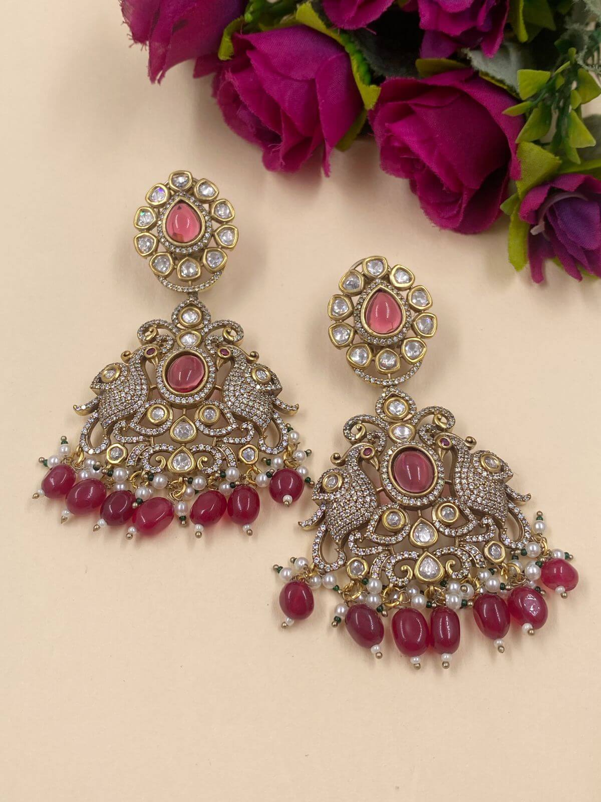 Designer Peacock Victorian Polki Earrings For Weddings By Gehna Shop Earrings