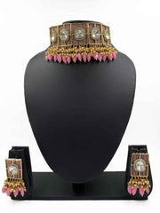 Designer Victorian Polki Kundan Statement Beaded Choker Necklace Set For Women