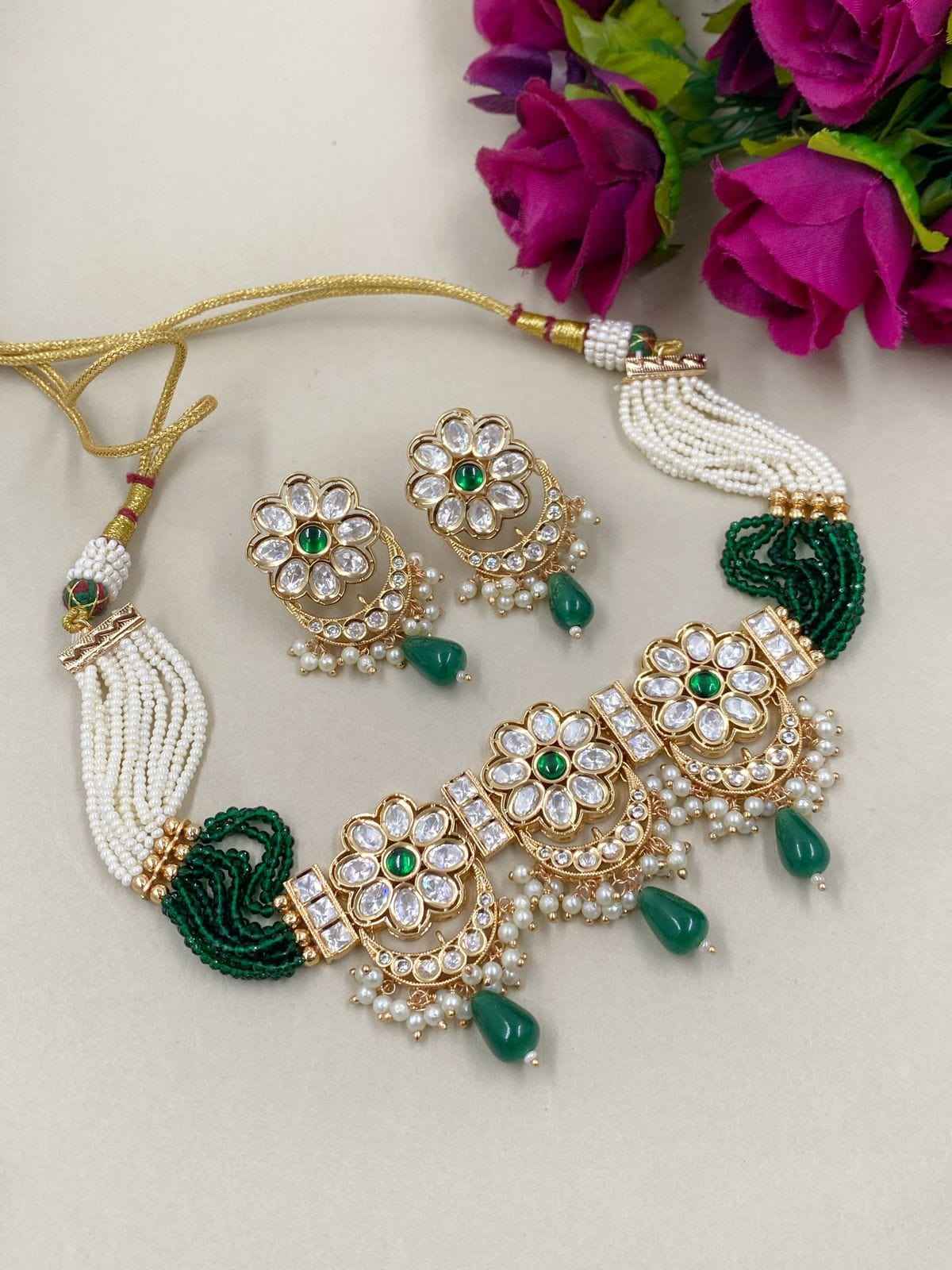 Elegant Kundan And Pearls Beaded Choker Necklace Set - Wedding And Party Wear Choker