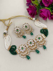 Elegant Kundan And Pearls Beaded Choker Necklace Set - Wedding And Party Wear Choker