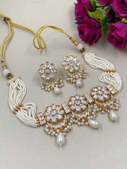 Elegant Kundan And Pearls Beaded Choker Necklace Set - Wedding And Party Wear Choker