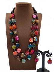 Designer Semi Precious Multi Color Chalcedony And Garnet Stone Beads Necklace Set