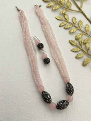 Designer Semi Precious Rose Quartz Beads Necklace Set For Women - Pink Necklace