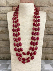 Long Semi Precious Triple Layered Ruby Red Jade Beaded Necklace For Mens Sherwani And Women