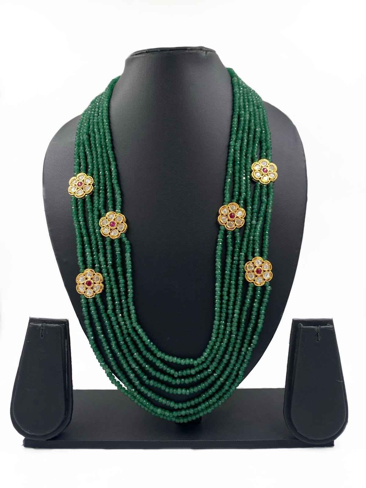 Designer Unisex Multilayered Kundan Brooch And Green Jade Beads Necklace