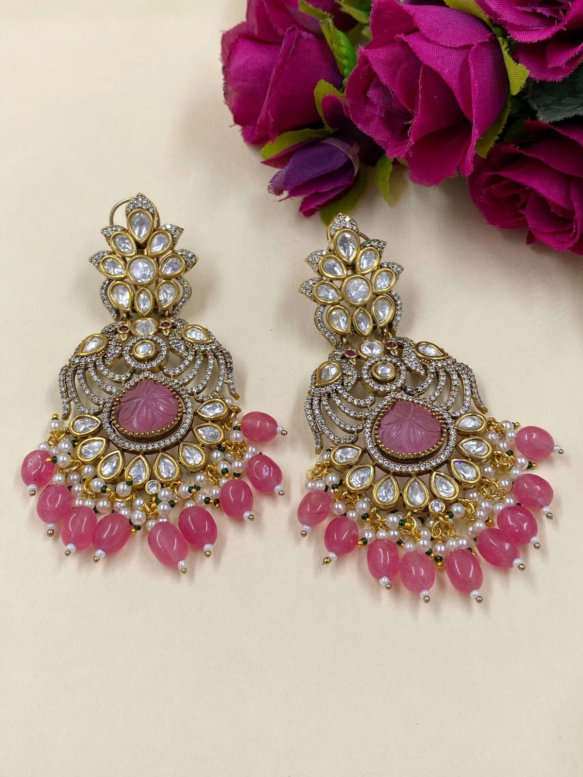 Designer Victorian Antique AD And Polki Big Chandbali Earrings For Weddings Chanbali Earrings