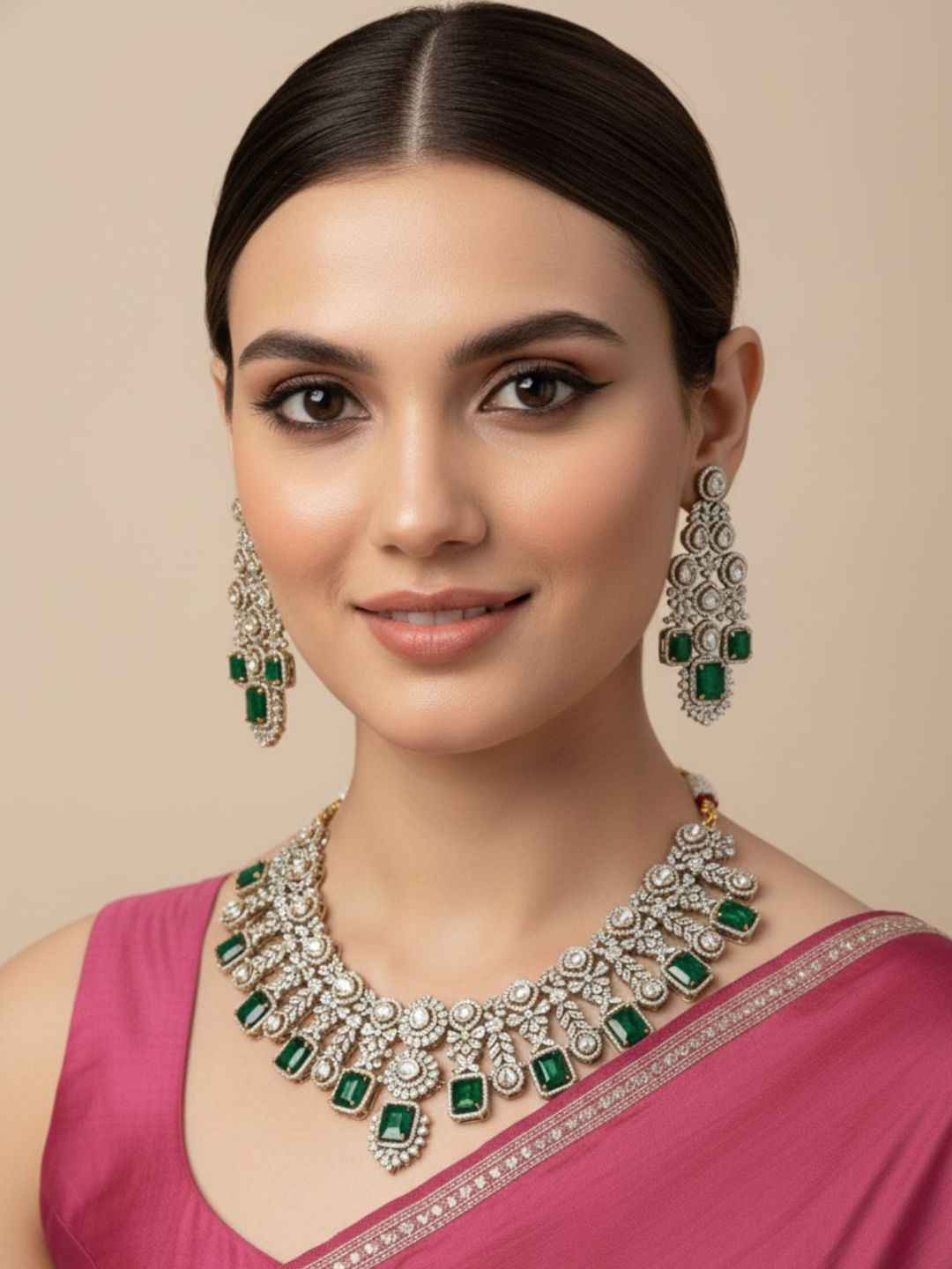 Victorian Finish Statement Look Green Emerald And Polki Wedding Jewellery Set