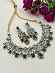 Victorian Finish Statement Look Green Emerald And Polki Wedding Jewellery Set