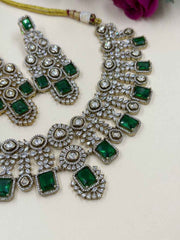 Victorian Finish Statement Look Green Emerald And Polki Wedding Jewellery Set