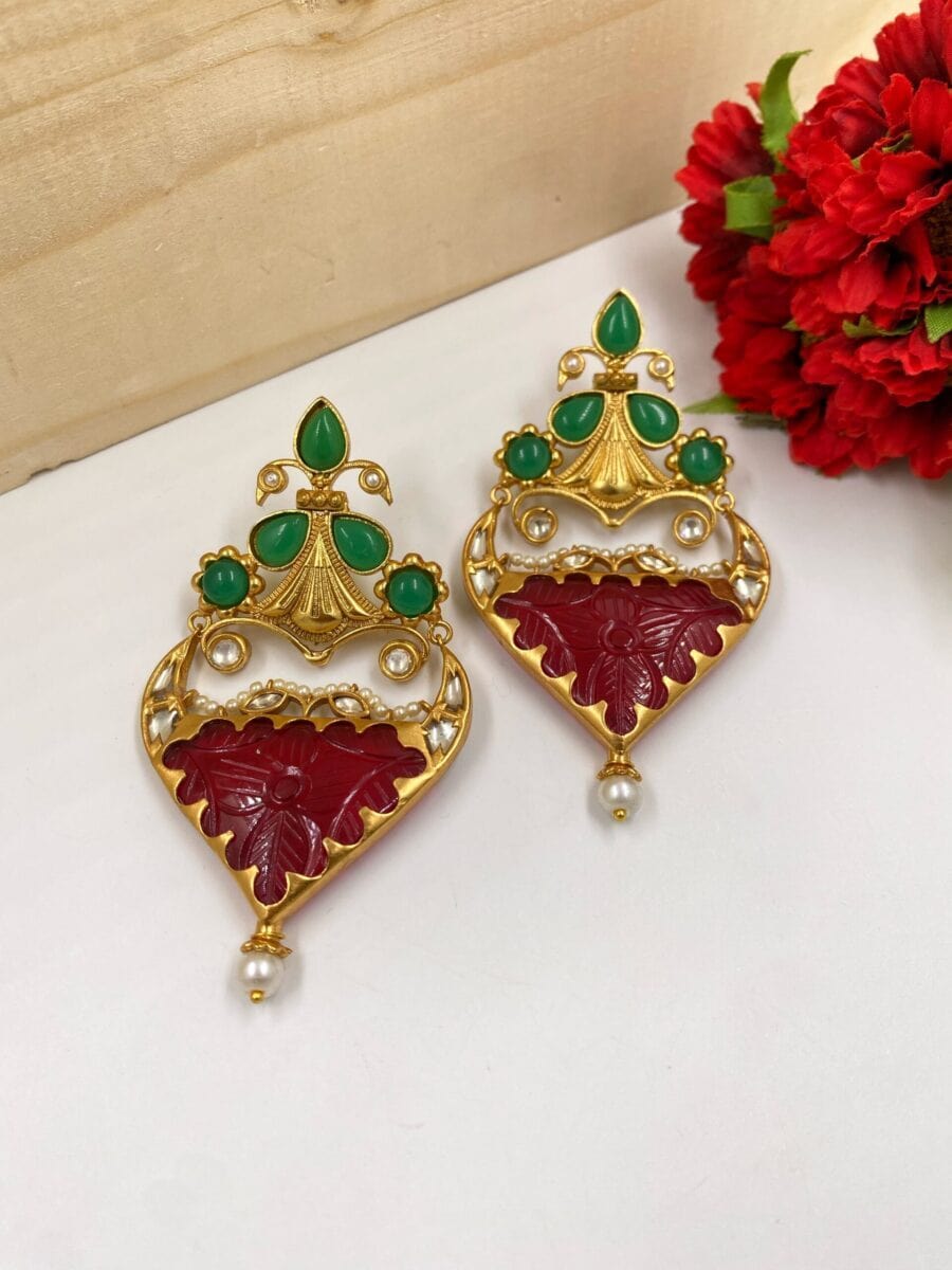 Gehna Shops Designer Red And Green Stone Statement Earrings For Women Earrings