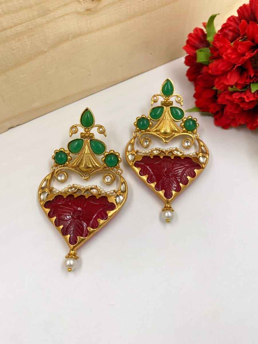 Gehna Shops Designer Red And Green Stone Statement Earrings For Women