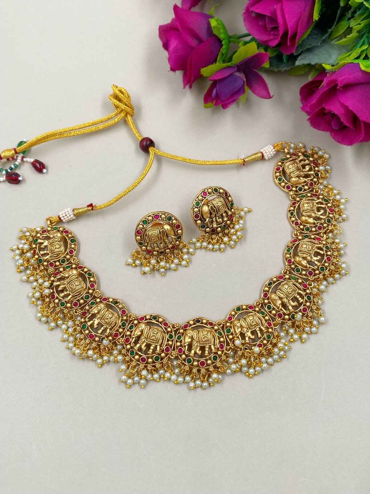 Buy Gold Plated Antique Elephant Design Temple Necklace Set For Women
