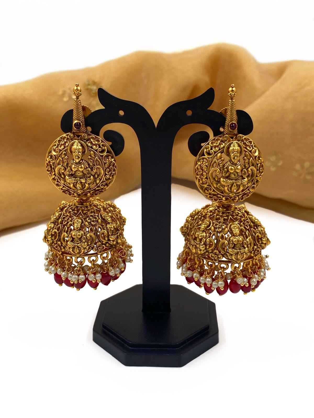 Gold Plated Goddess Lakshmi Temple Jhumka Earrings
