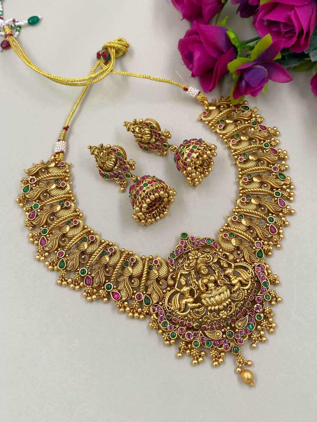 Gold Plated Goddess Lakshmi Temple Necklace Set - Wedding And Festive Wear Temple Jewelry
