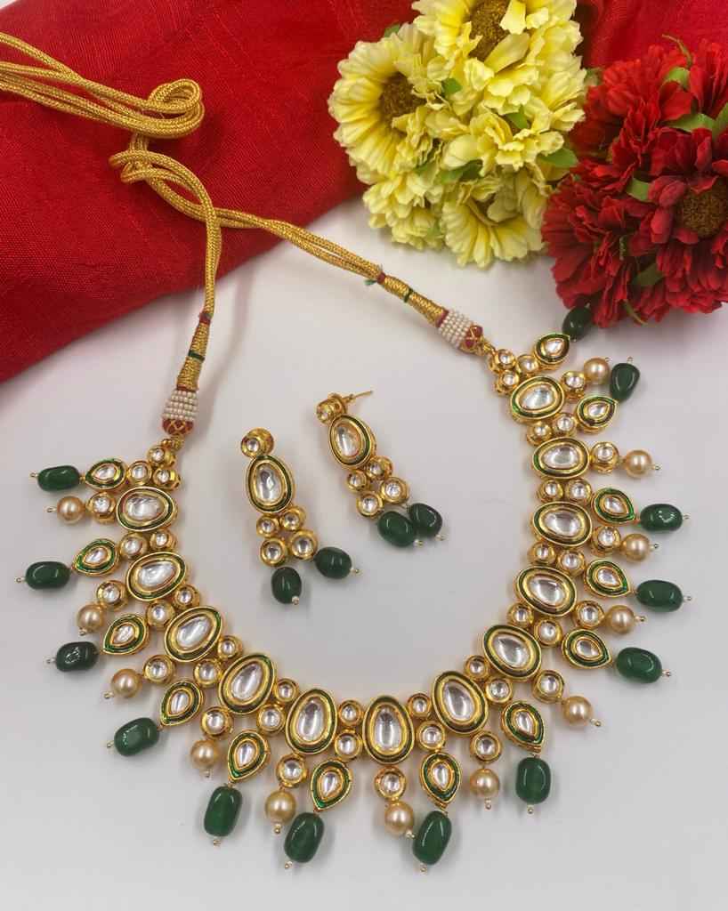 Gold Plated Green Kundan Necklace Set For Weddings And Parties