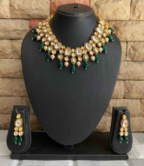 Gold Plated Green Kundan Necklace Set For Weddings And Parties