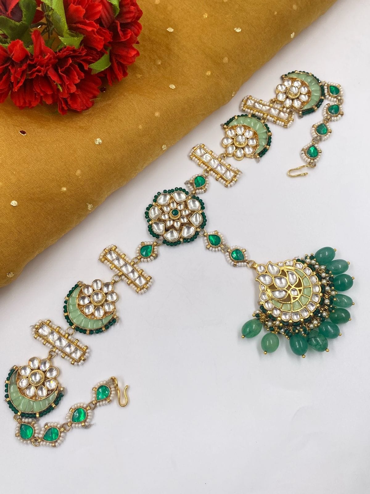 Gold Plated Jadau Green Sheeshphool With Maang Tikka For Weddings By Gehna Shop Matha Patti