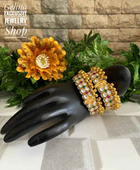Gold Plated Jadau Kada Traditional Handcrafted (Multi Color)