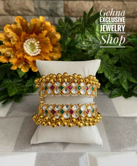 Gold Plated Jadau Kada Traditional Handcrafted (Multi Color)