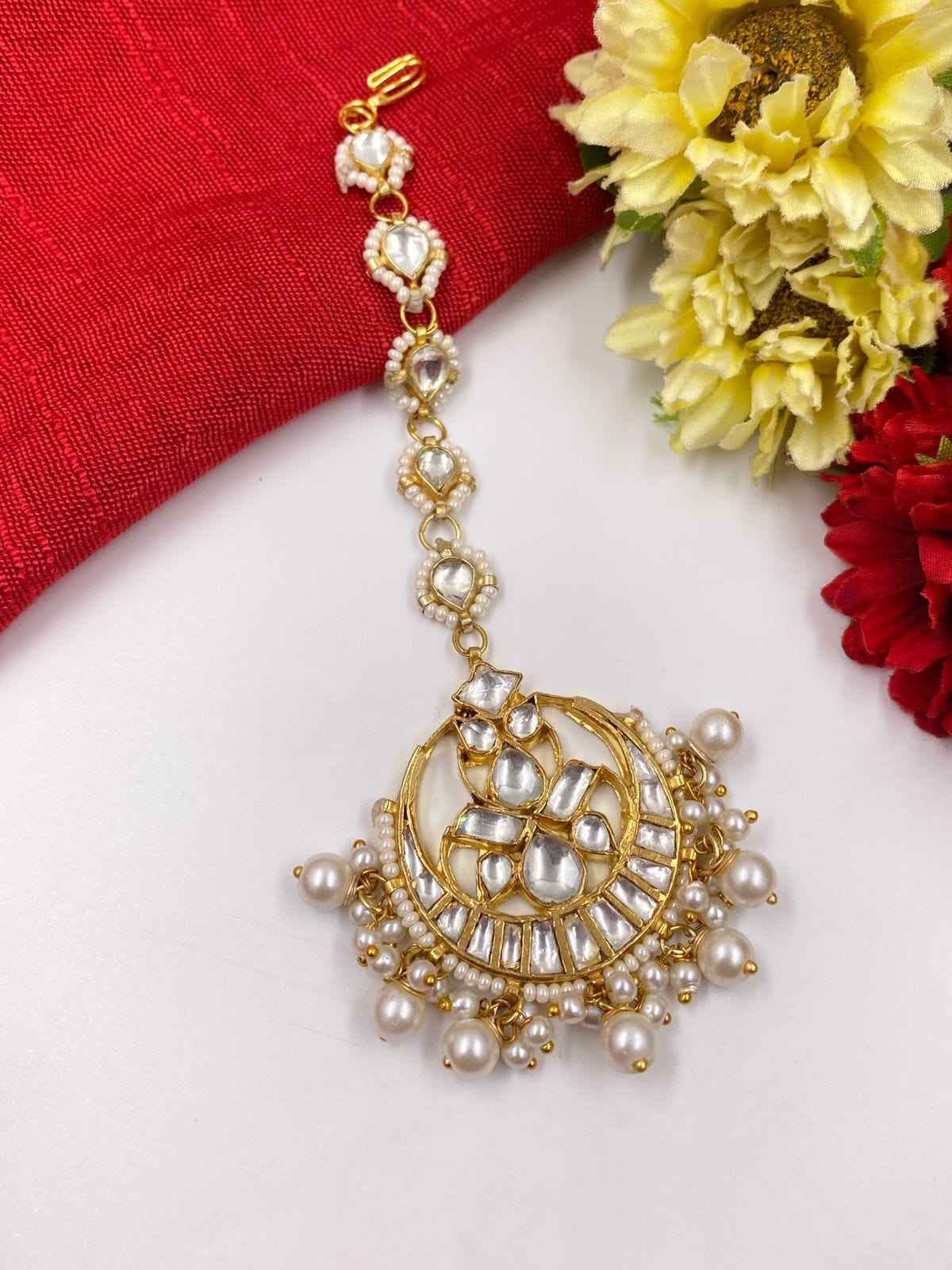 Gold Plated Jadau Kundan And Pearl Maang Tikka For Ladies By Gehna Shop