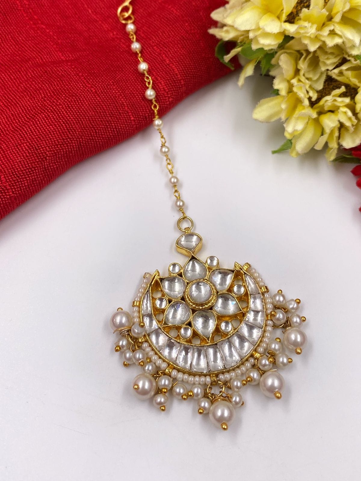 Gold Plated Jadau Kundan And Pearl Maang Tikka For Ladies By Gehna Shop Maang Tikka