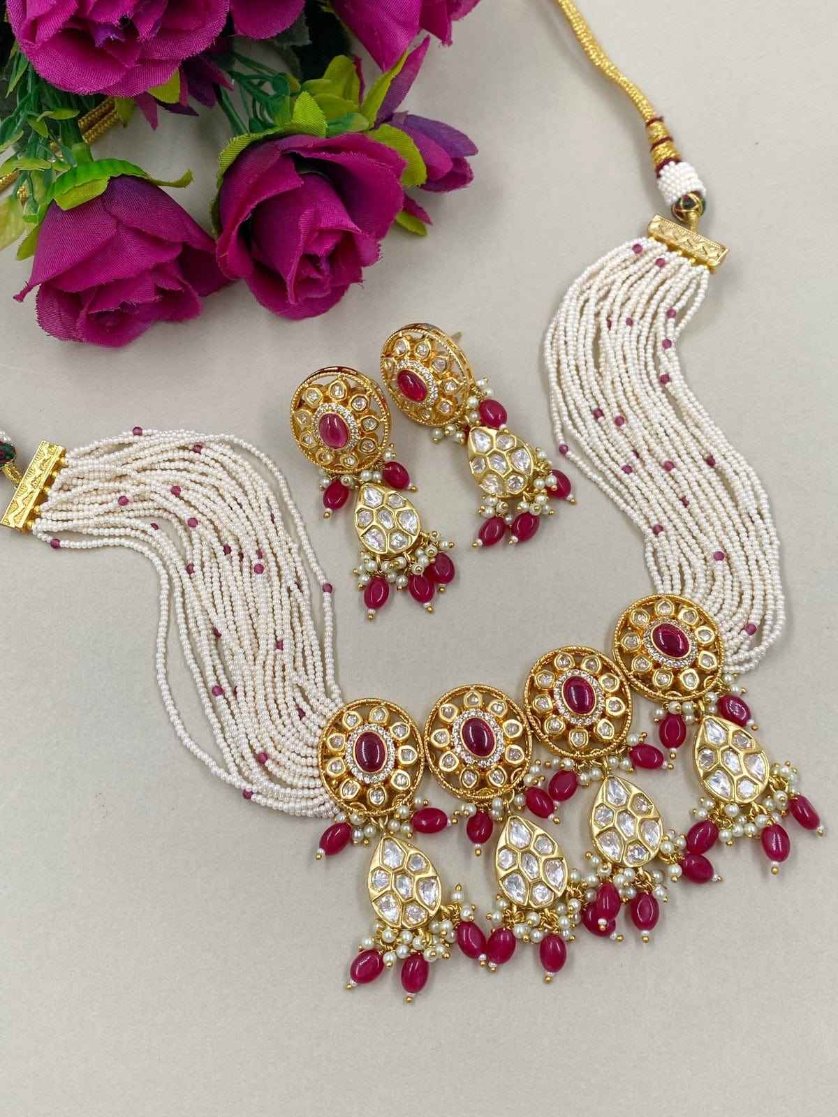 Gold Plated Kundan Polki And Ruby Choker Necklace Set By Gehna Shop