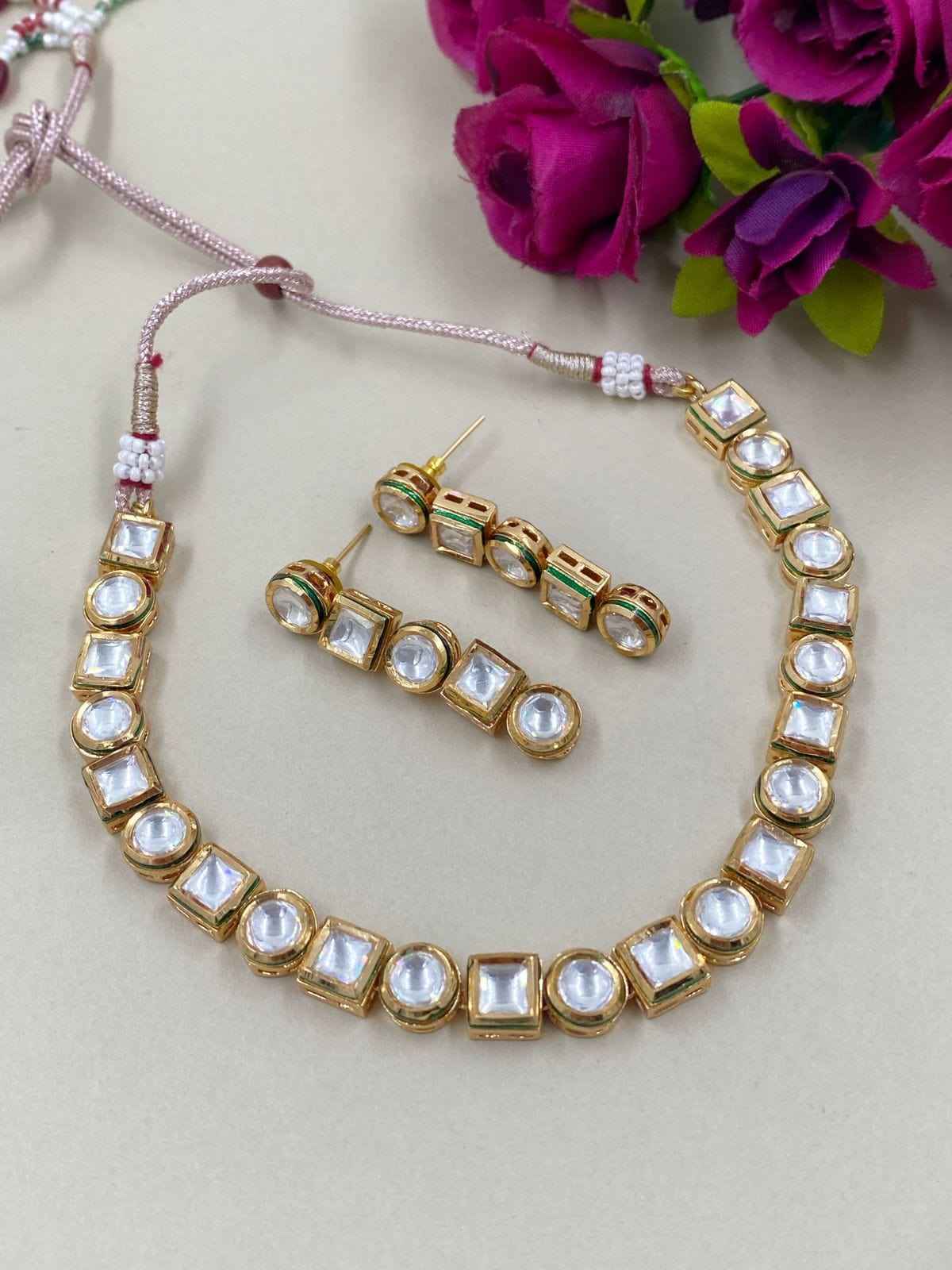 Gold Plated Single Line Kundan Necklace By Gehna Shop