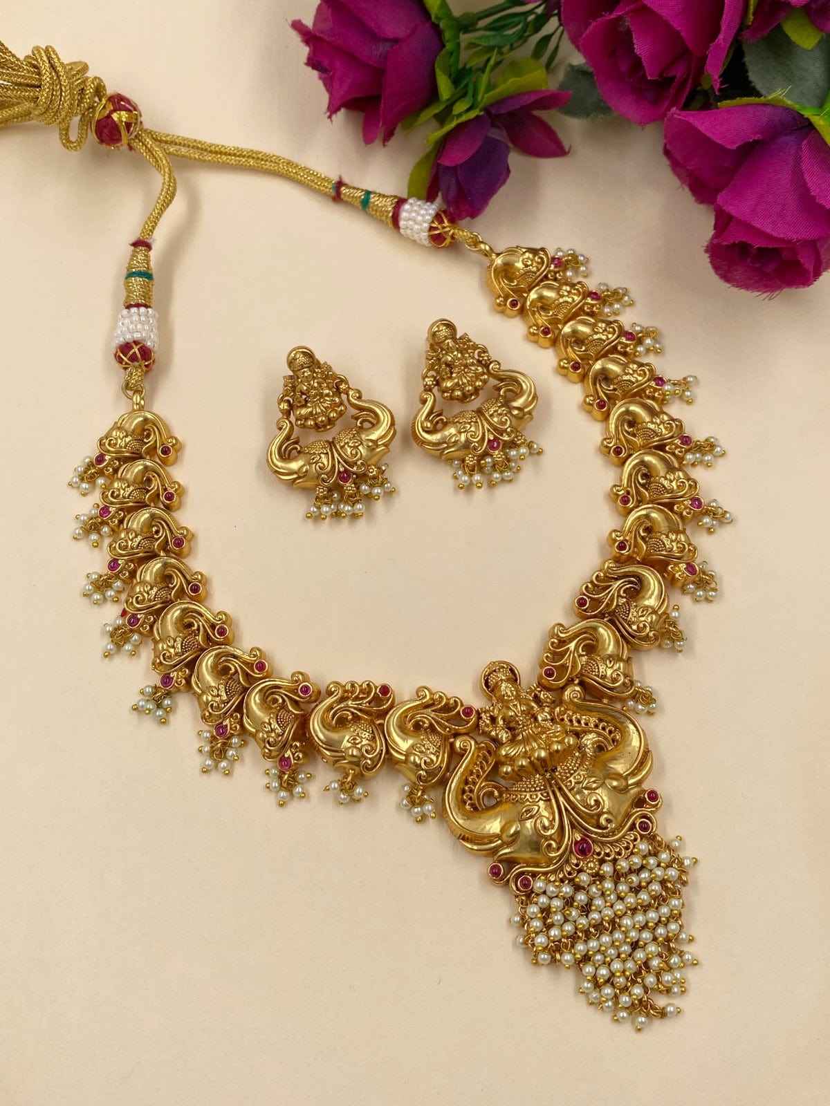 Gold Plated South Indian Lakshmi Devi Temple Necklace Set - Traditional Temple Jewelry Set