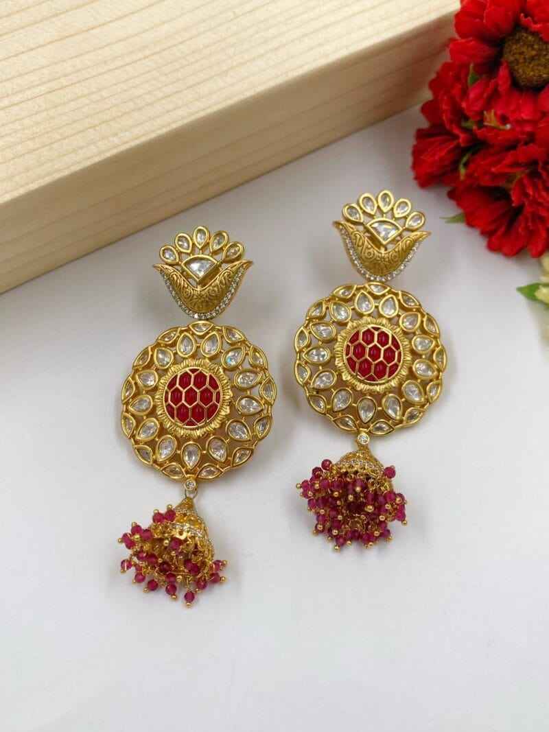 Gold Plated Studded Kundan And Ruby Jhumki Earrings For Weddings And Parties