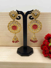 Gold Plated Studded Kundan And Ruby Jhumki Earrings For Weddings And Parties