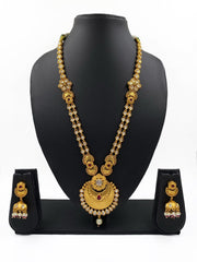 Gold Plated Studded Kundan Long Golden Necklace Set - Artificial Antique Gold Jewelry