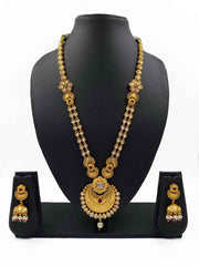 Gold Plated Studded Kundan Long Golden Necklace Set - Artificial Antique Gold Jewelry