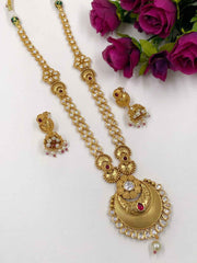 Gold Plated Studded Kundan Long Golden Necklace Set - Artificial Antique Gold Jewelry