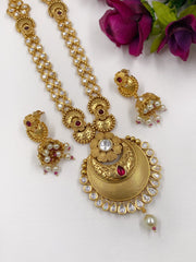 Gold Plated Studded Kundan Long Golden Necklace Set By Gehna Shop Antique Golden Necklace Sets