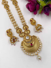 Gold Plated Studded Kundan Long Golden Necklace Set - Artificial Antique Gold Jewelry