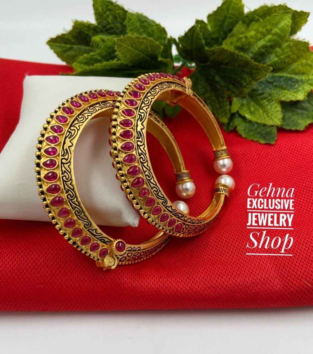 Gold Plated Traditional Ethnic Ruby Stone Bangles For Ladies By Gehna Shop