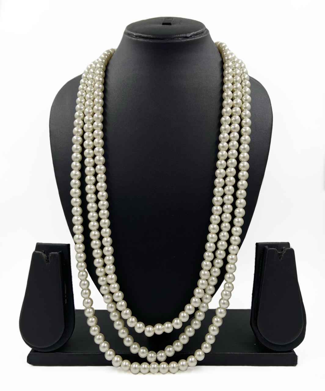 Grooms Triple layered White Pearl Beads Necklace For Men