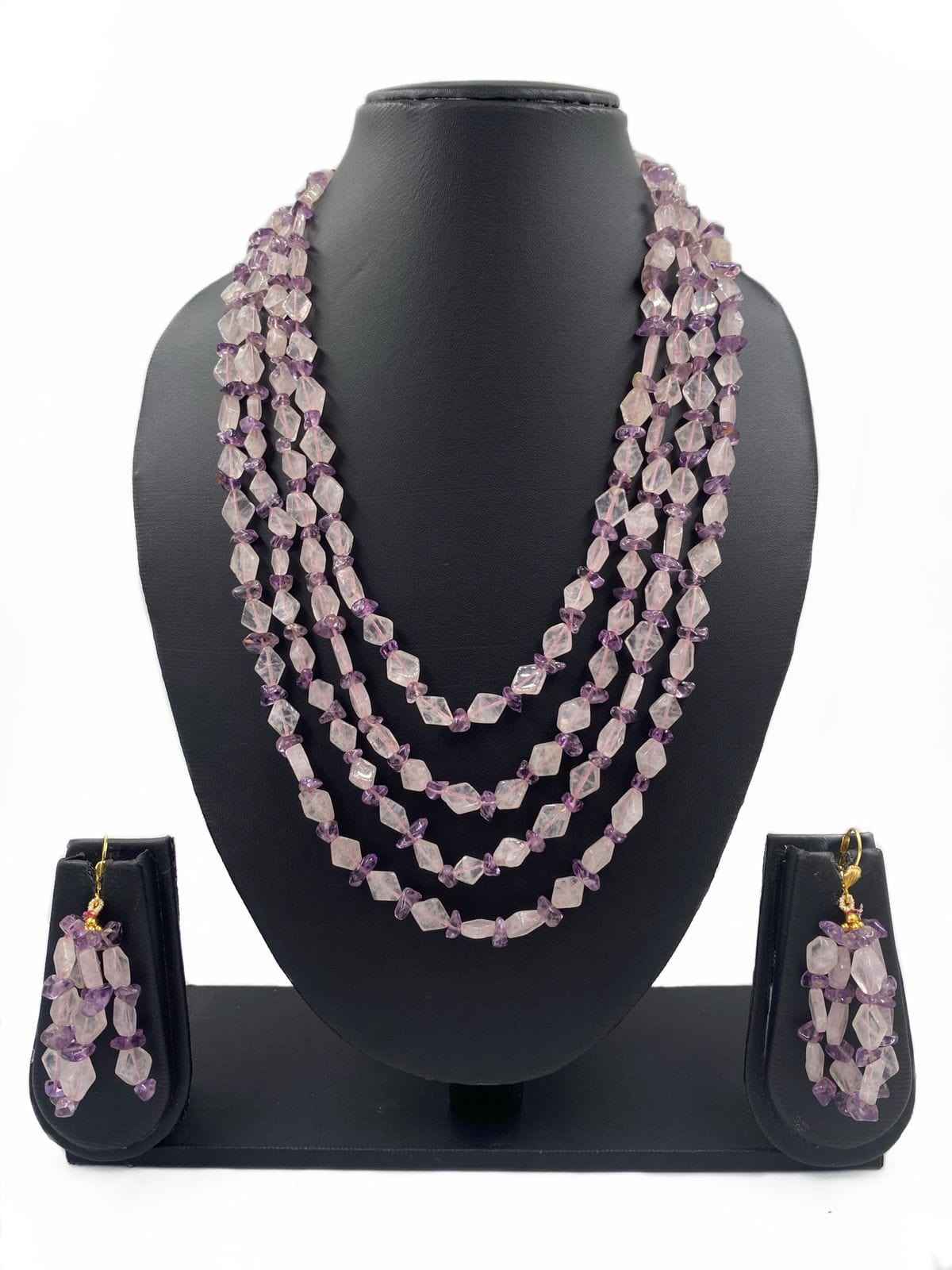 Handcrafted Multi Layered Semi Precious Rose Quartz And Amethyst Beads Necklace By Gehna Shop