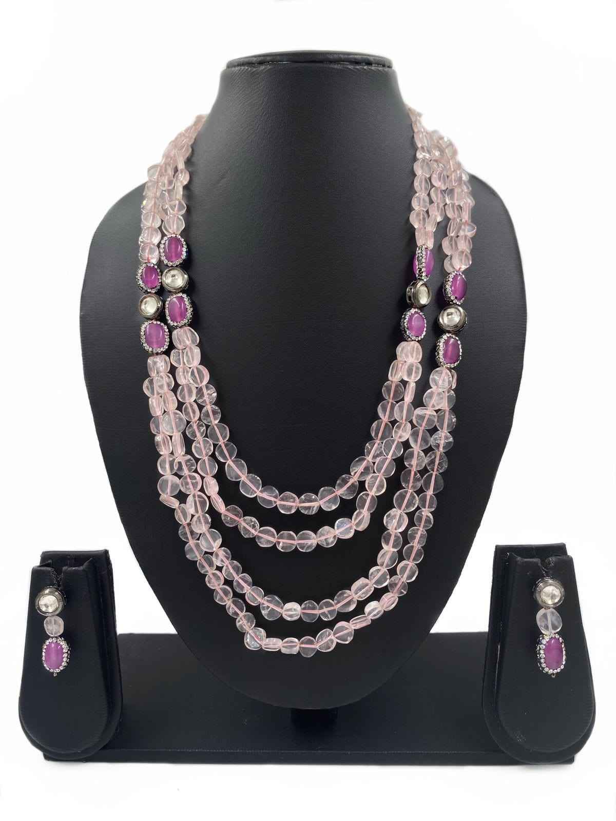 Handcrafted Semi Precious Pink Rose Quartz Beads And Kundan Necklace Set By Gehna Shop