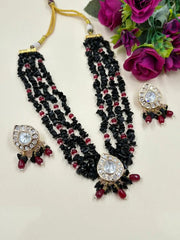 Handcrafted Beaded Kundan Black Necklace Set for Women - Statement Black Necklace