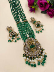 Long Antique Victorin Polki Dancing Ganpati Temple Jewellery Necklace Set For Weddings Temple Necklace Sets