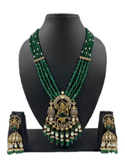 Long Antique Victorin Polki Dancing Ganpati Temple Jewellery Necklace Set For Weddings Temple Necklace Sets